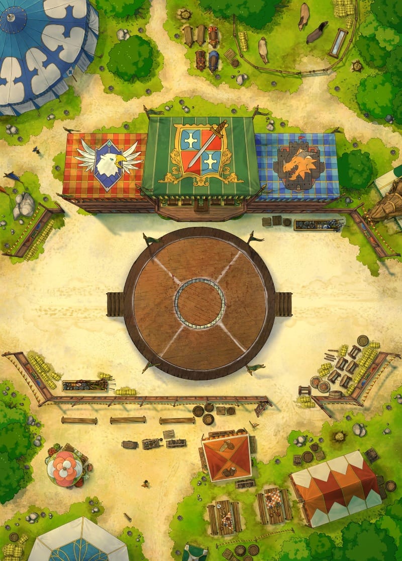 A colorful tournament courtyard with rows of tents and banners surrounding a large circular central fighting arena.