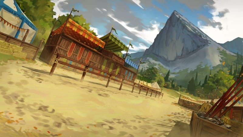 A raised wooden fighting platform stands at the centre of a tournament ground, bordered by colorful spectator stands and banners.