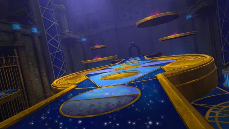 A floating magical arena decorated with celestial mural motifs and floating platforms, viewed from the perspective of a duelist standing on the battlefield.