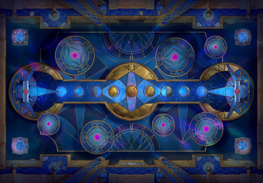 A grand magical duelling arena marked with glowing runes, celestial murals on the floor, and hovering enchanted platforms over the battlefield.