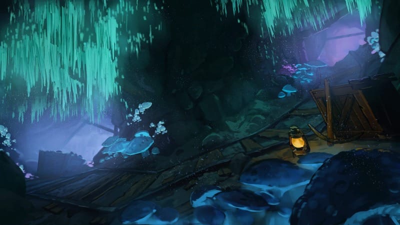 A dark cavern lit by blue bioluminescent growths, with minecart tracks winding between rocky outcrops.