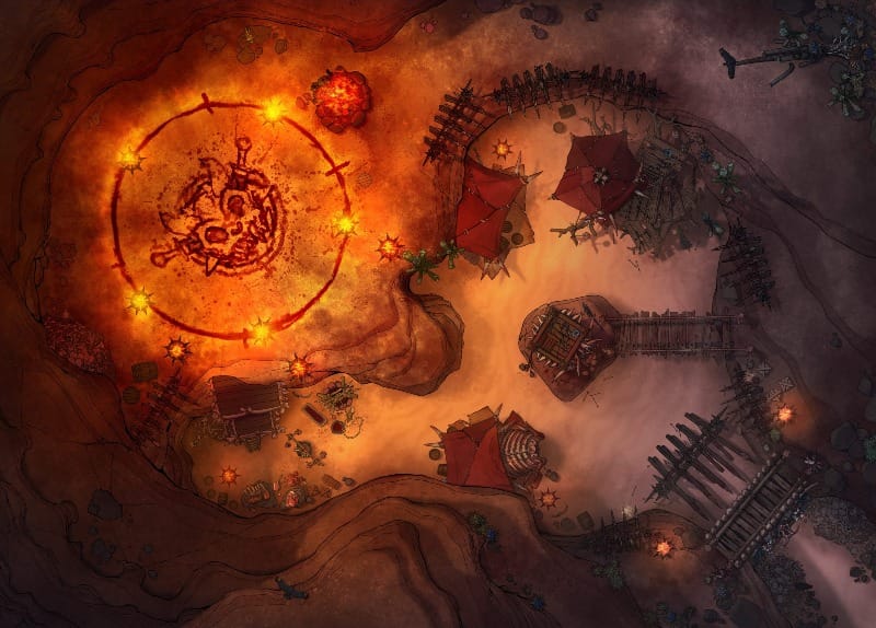 A rugged orc campsite surrounded by wooden palisades and tall rocky cliffs. A rough fighting arena is drawn in blood atop a raised rocky platform.