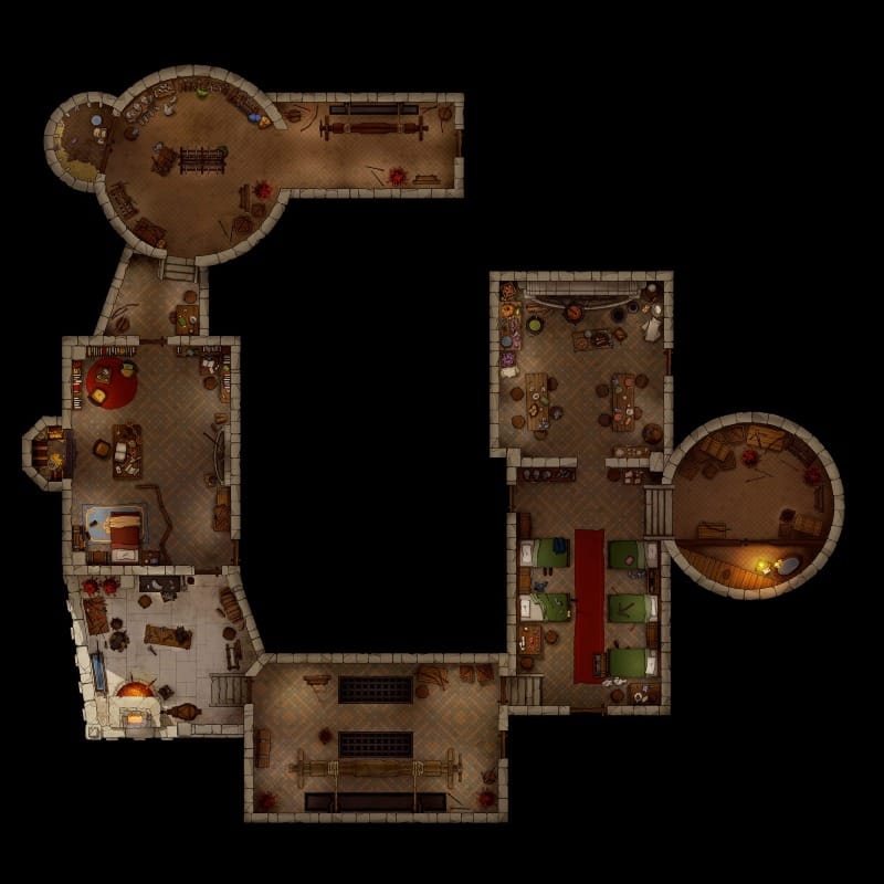 Interior rooms of the castle, including barracks, an armory, an office, and a mess hall.