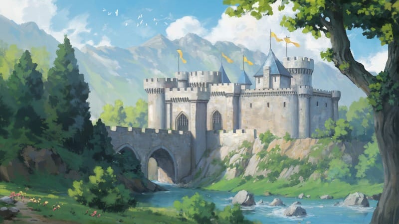 A fortified stone castle stands across a wide river, connected by a large arched bridge spanning the rushing water.