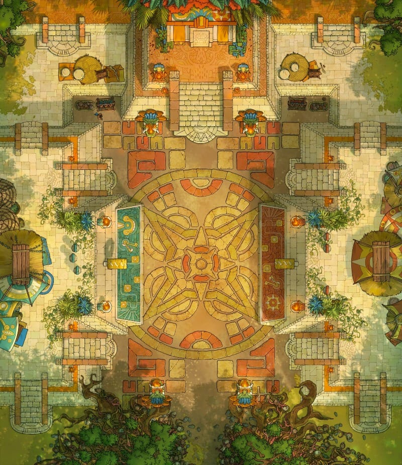 A large ceremonial stone ballcourt with intricate geometric patterns and brightly colored masonry forming a long rectangular playing field.