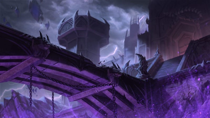 A towering fortress viewed from beneath its crumbling bridge, with ramparts looming high over ghostly purple light.