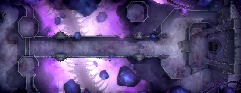 A massive bridge stretching across a purple void, connecting to a stone fortress. Tee silhouette of a many-limbed creature is beneath it.