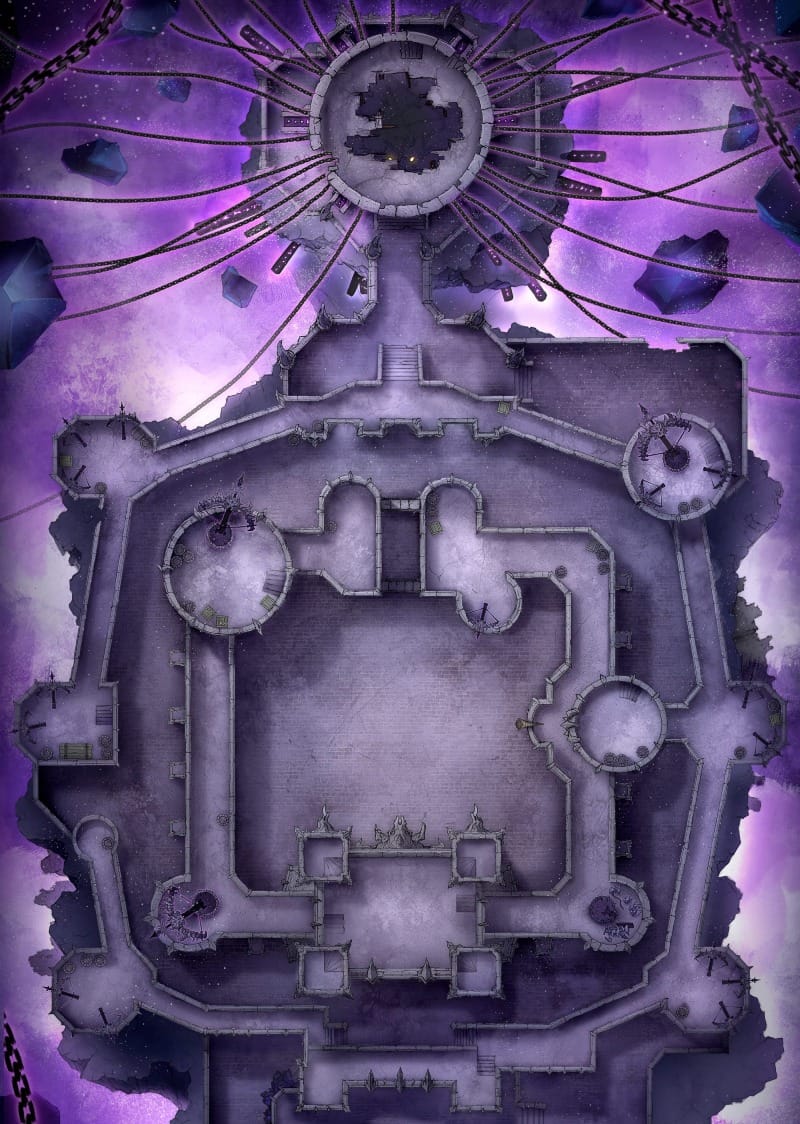 A massive floating fortress of dark stone suspended in the Shadowfell, surrounded by chains and purple void.
