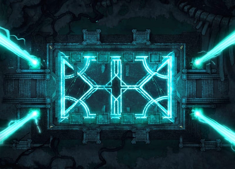 A dark stone arena surrounded by ancient structures and large skeletons. Blue runes glow on the floor, and beacons of bright light rise from pillars into the sky.