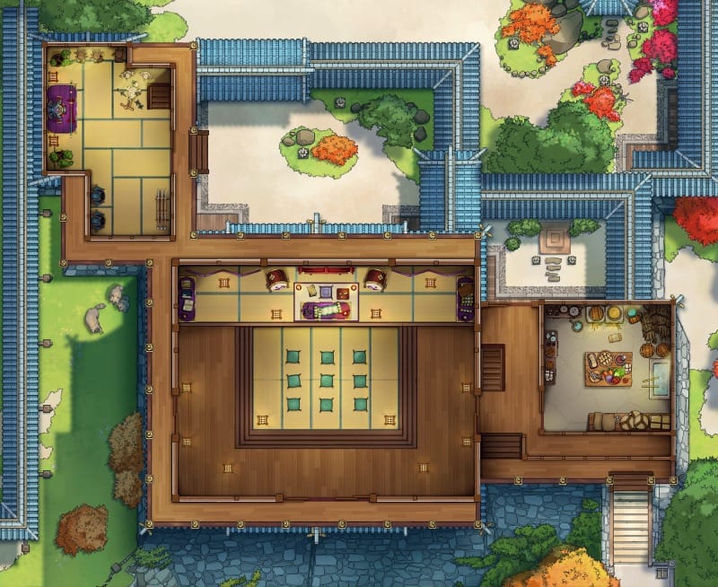Interior view of a traditional Japanese castle with large wooden chambers, sliding doors, and tatami-mat floors.