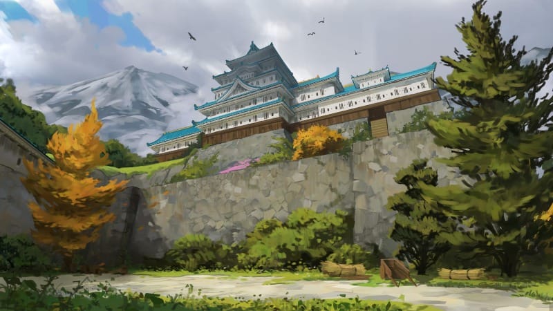 A towering Japanese castle rises atop a stone escarpment, viewed from the courtyard below.