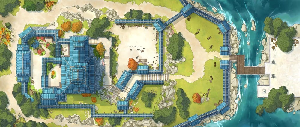 A large Japanese castle complex surrounded by long defensive walls and gates, overlooking a carefully manicured courtyard within the fortified compound.