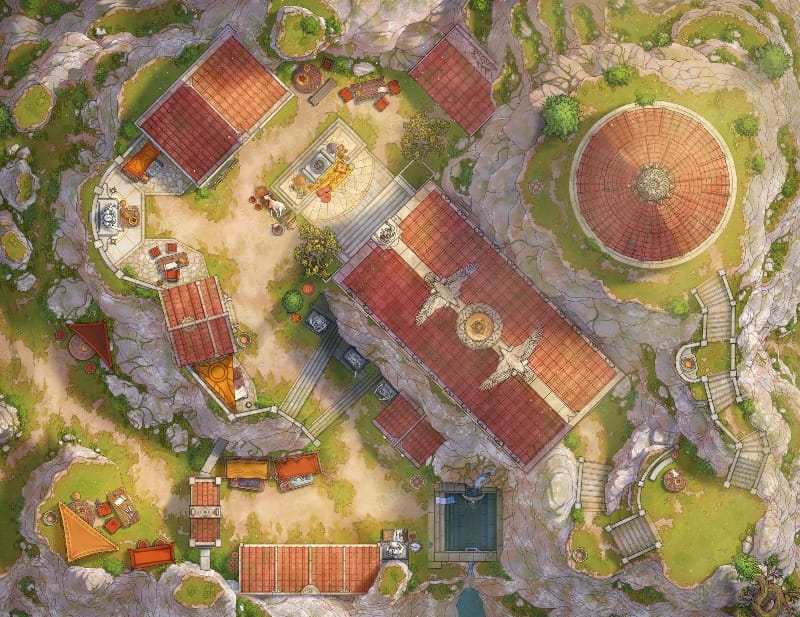 Top-down view of a sprawling Greco-Roman temple complex nestled amidst rocky terrain, multiple red-roofed buildings, outdoor gathering areas connected by stone paths, filled with tents and offerings.