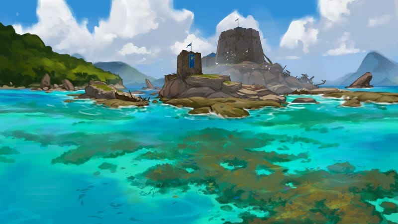 A coastal fortress rises from a rocky island as cerulean waves lap around its walls.
