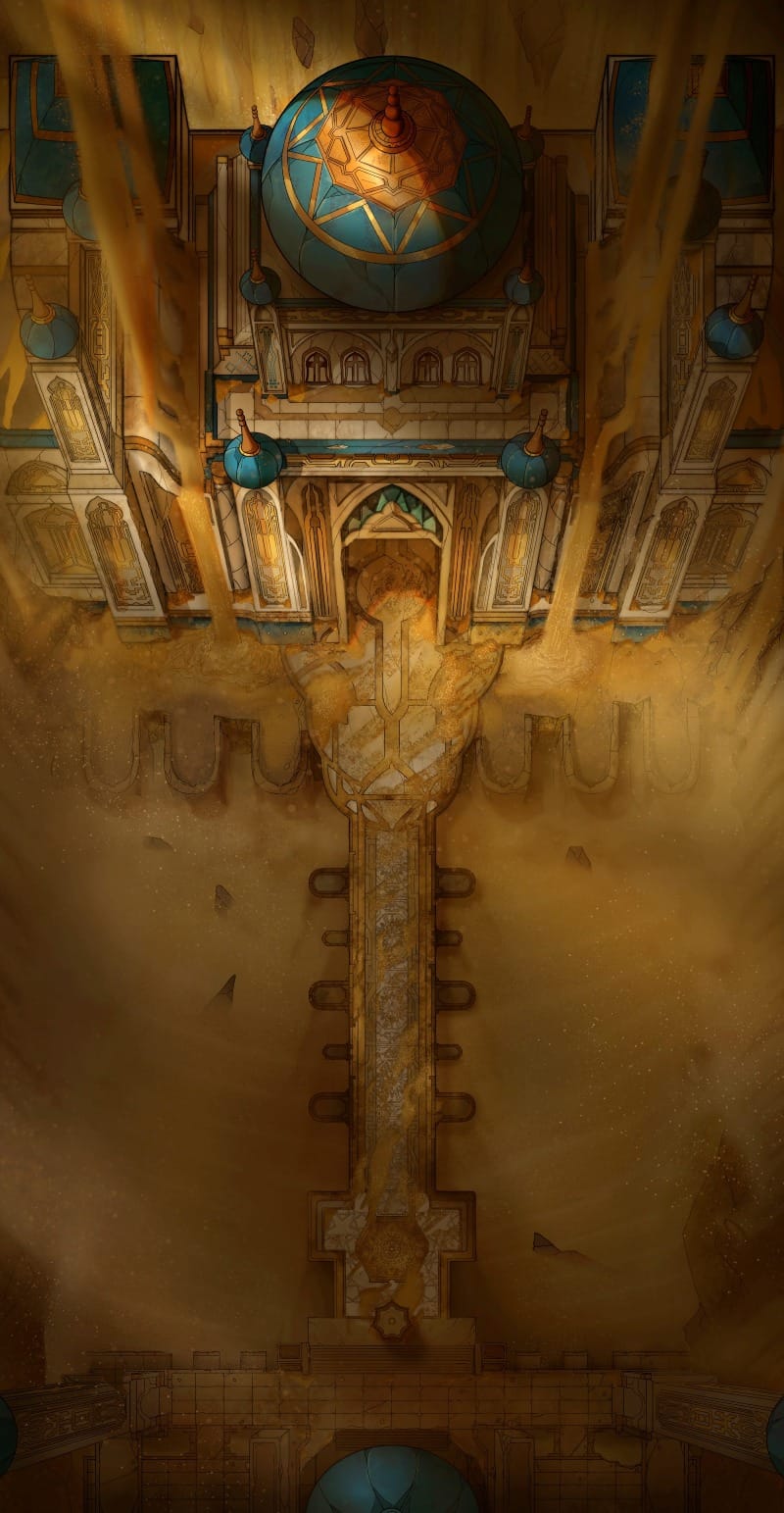 Top-down battlemap of an Egyptian-style temple exterior, topped with a blue dome and a pointed golden finial, decorated with celestial star motifs. A long stone causeway leads through drifting golden sand dunes towards the tomb’s entrance.