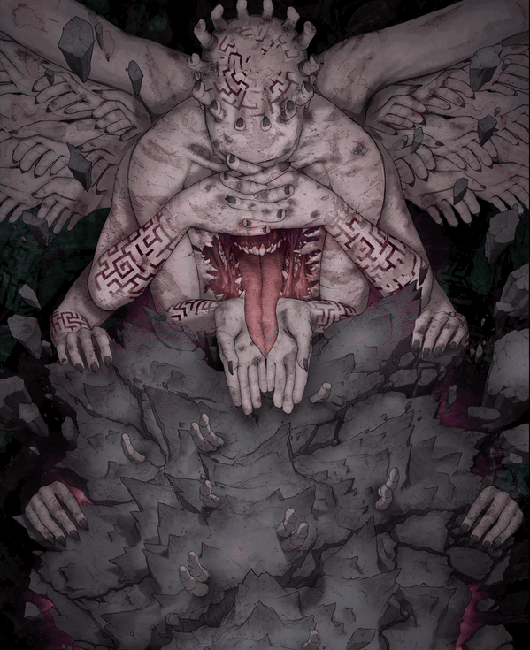 Top-down view of a jagged floating island with a pale tattooed figure looming over the stone, crowned with fingers and framed by wings made of hands. A gaping fanged maw opens in its chest.