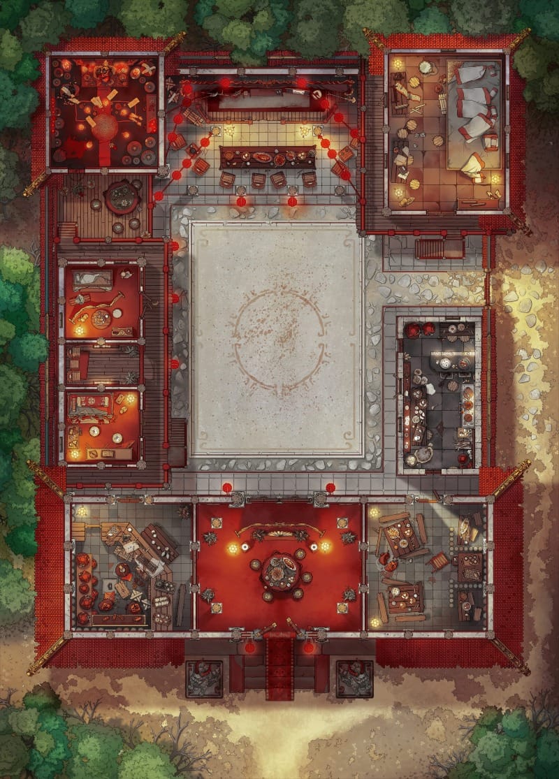 An ornate, Chinese-inspired tavern interior filled with red lanterns and rich decorations, surrounding a central open stone courtyard and sparring ring.