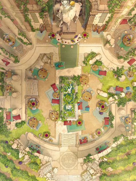 Top-down view of a Mediterranean-inspired vineyard tavern with marble pillars wrapped in vines, a centaur statue bar, round tables, and luxurious decor.