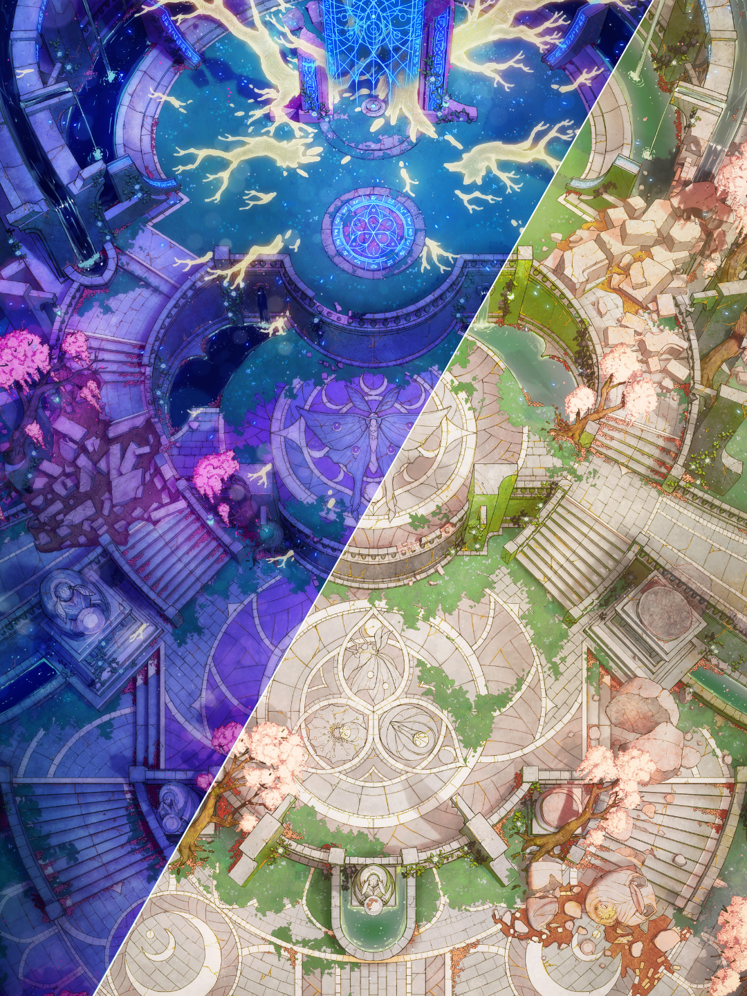 Top-down battlemap of an ornate temple complex with lush plant growth, pink foliage, and crescent moon motifs carved into circular stone platforms. Two variants are shown side by side: a daytime version with soft sunlight, and a nighttime version where the branches glow white and magical sigils illuminate the floors.