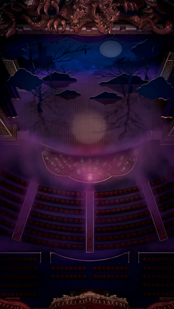 Top-down view of a grand theater with rows of seats facing a stage decorated with eerie tree cut-outs and a moonlit night-sky backdrop.