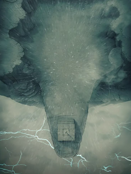 Top-down view of a narrow mountain peak above the clouds during heavy rain, with dark skies, lightning in the distance, and a small stone altar at the cliff’s edge.