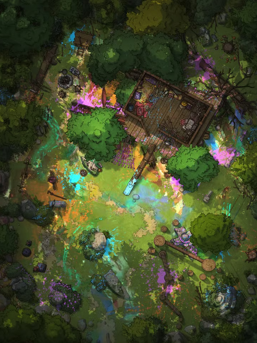 Top-down view of a small woodland hideout with a cabin among trees, rope obstacles, camp supplies ,and bright splashes of multi-colored paint across the whole area.