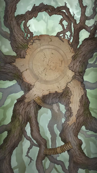 Top-down view of a giant tree trunk stump with gnarled winding branches, and wooden bridges between them.