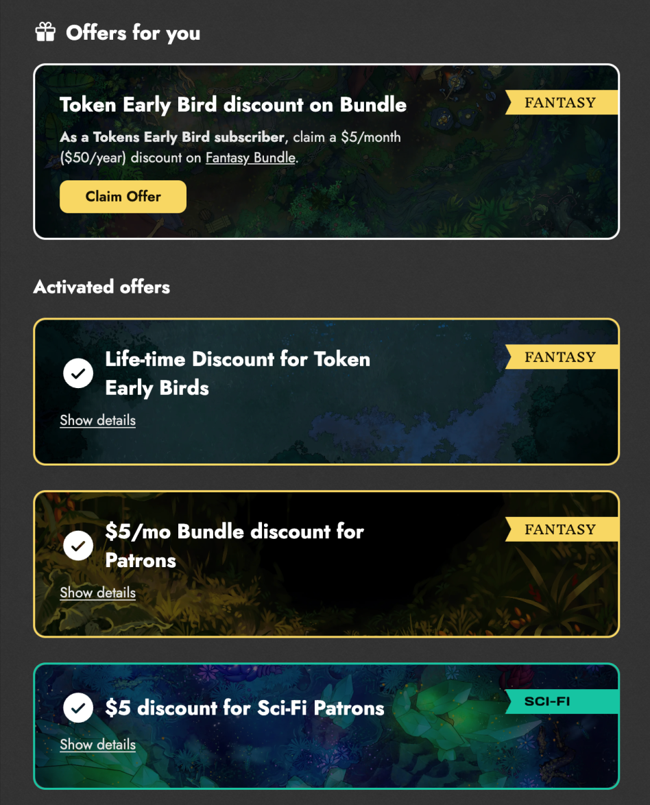 Offers page showing "Offers for You" list as well as "Activated Offers" list.