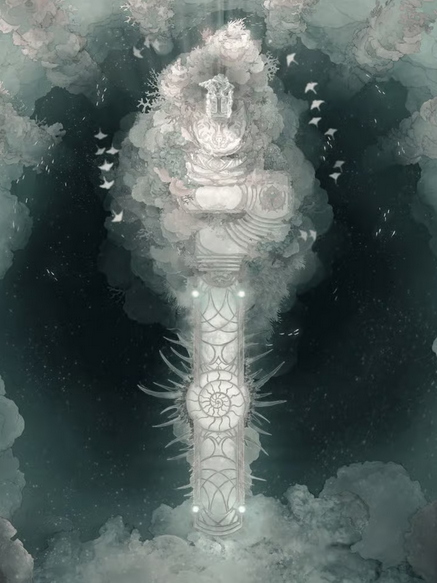 Top-down view of a narrow bridge over murky water leading to a white stone islet with stairs, pale coral growths, and a white throne.