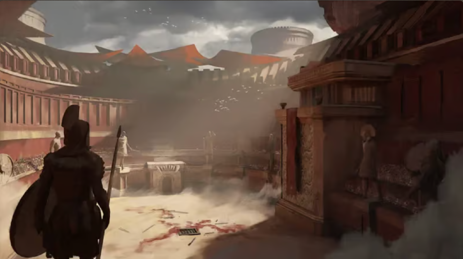 A gladiator holding a spear and shield stands at the edge of a massive arena, overlooking the bloodstained battlefield amidst a vast and crowded colosseum.