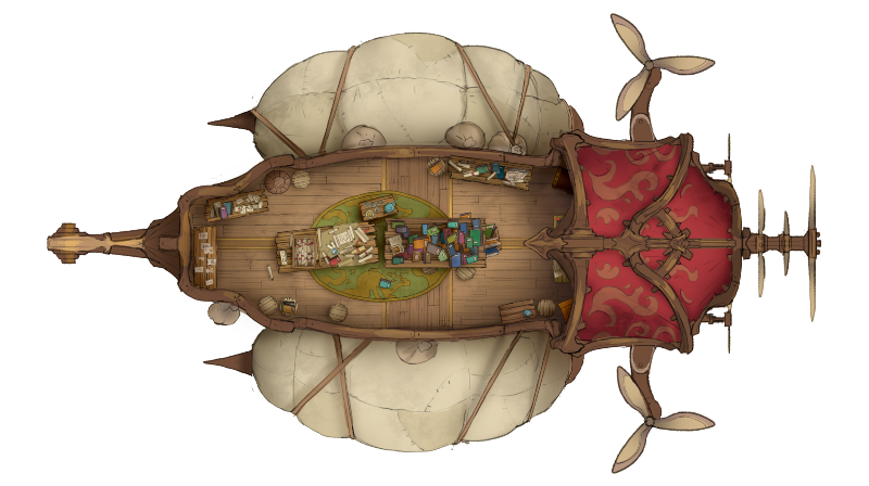 Top-down battlemap of a small airship. Two gas-bags surround the wooden hull, and the interior is lined with bookshelves and tables stacked with curiosities.