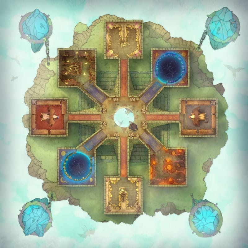 Top -down battlemap of a wizard’s tower on a misty floating island, composed of a central hub with corridors extending outward to eight distinct chambers. Giant blue crystal formations anchor the island at each corner, and each room contains different arcane library furnishings.