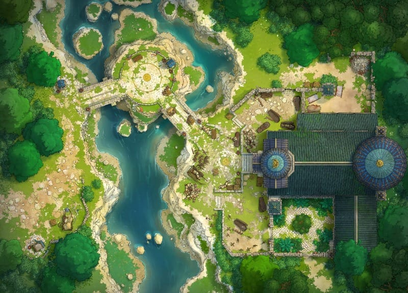 Top-down map of a blue-roofed chapel set beside a wide river, surrounded by dense green forest. A small islet sits in the middle of the river, connected to the chapel grounds and the far bank by stone bridges.