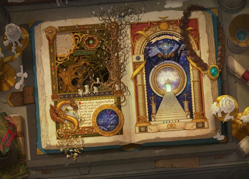 Top-down view of an open tome on a wooden table. The left page depicts a traditional fairytale scene with a written story and gnarled trees, while the right page shows a celestial gateway beneath an eldritch eye. The book is surrounded by half-melted candles and scholarly instruments.