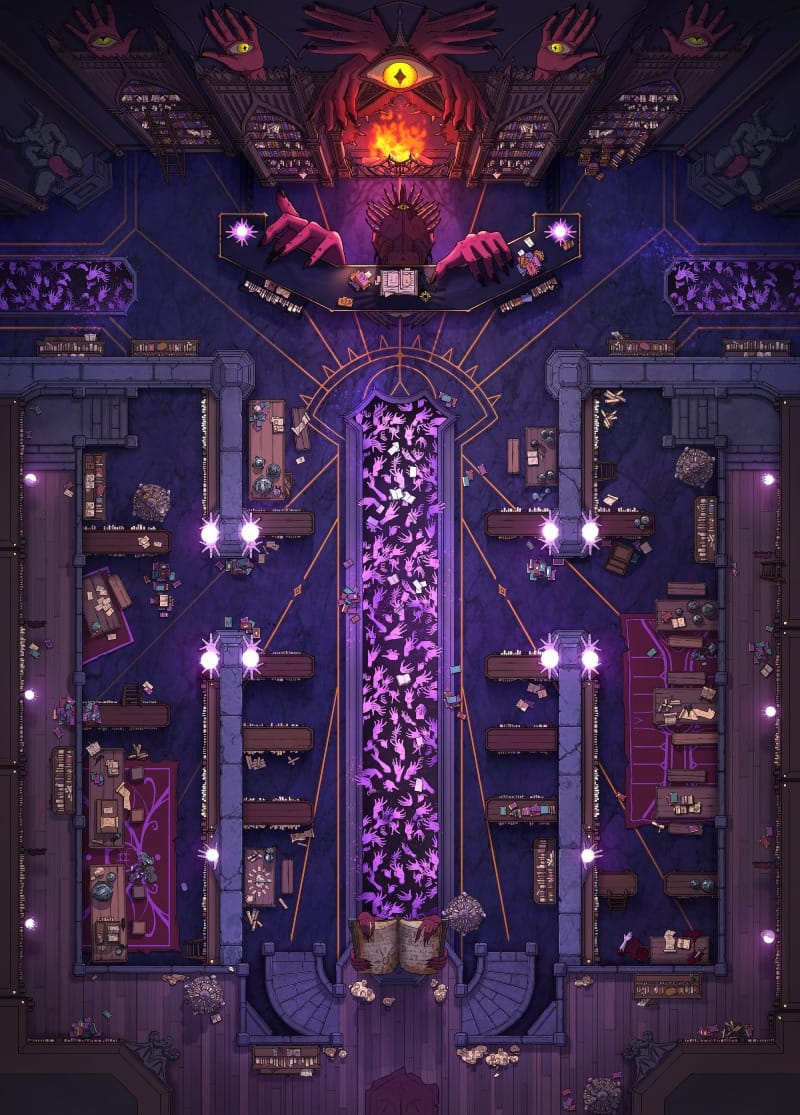 Top-down battlemap of a vast, sinister, regal purple library. Long rows of bookshelves stretch towards a far wall with a massive demonic eye set into a blazing fireplace. Hand-and-eye motifs adorn the walls and carpets.
