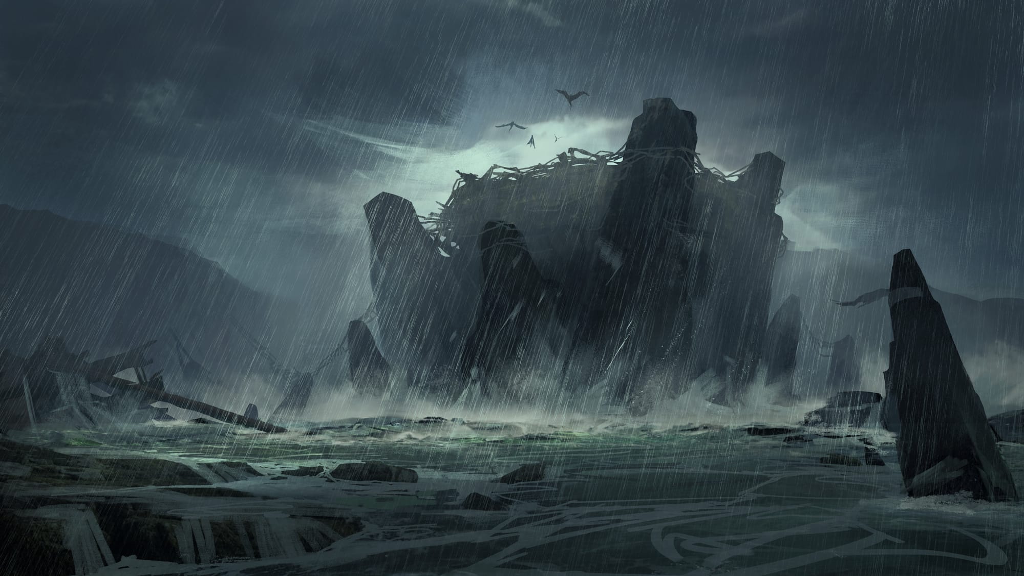 A massive bird’s nest sits atop jagged rocky outcrops under a stormy dark sky. Turbulent waves churn underneath, lined by the splintered wreckage of ships.