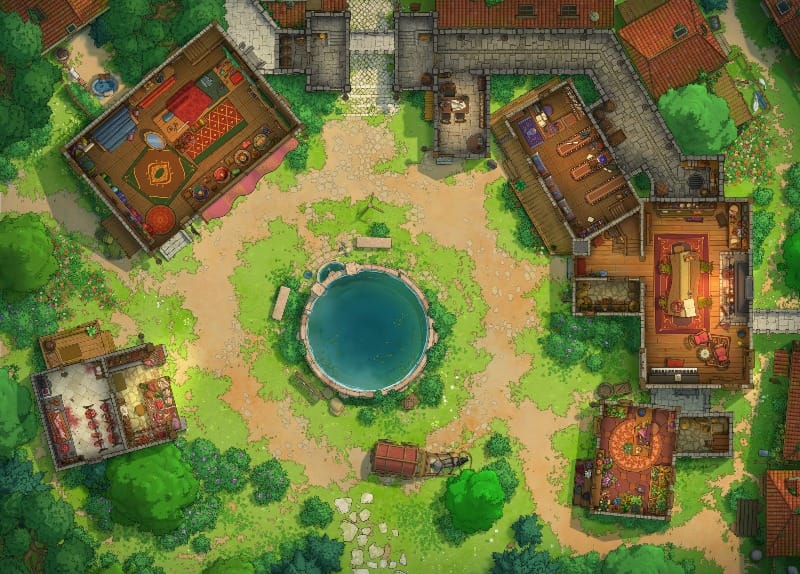 Top-down battlemap of a cluster of village buildings arranged around a central well and open green. The warm interiors of the maps include a tavern, a general store, library, and an apothecary.