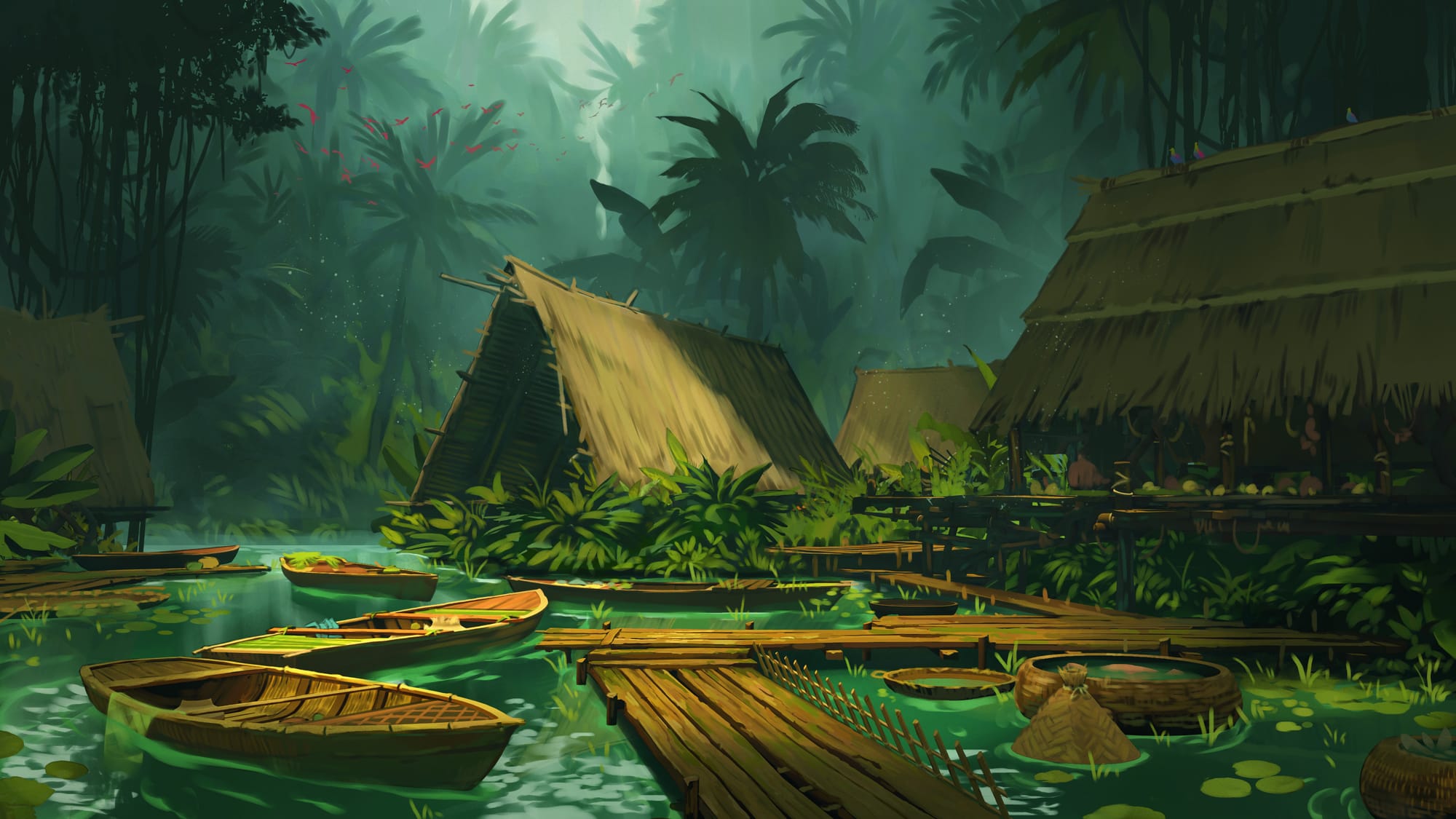 A painterly illustrated scene of a quiet jungle village at a water’s edge. Thatched structures and wooden walkways float above green water, alongside small wooden boats and fishing baskets.