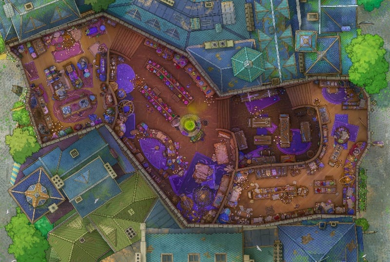 Top-down battlemap of a sprawling magical bazaar tucked between otherwise ordinary medieval fantasy city buildings. It is decorated with vivid purple tapestries, and its shelves are lined with all sorts of bright magical items.