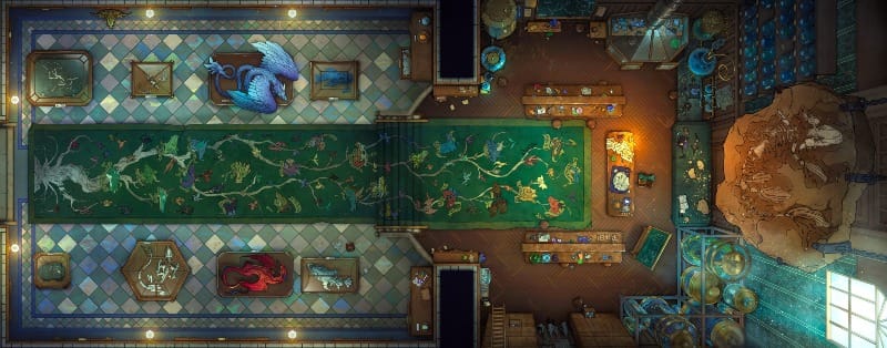 Top-down battlemap of a research laboratory filled with shelves of books and bottles, as well as display cases containing specimens and taxidermied creatures. A giant fossil hangs from one end of the room.