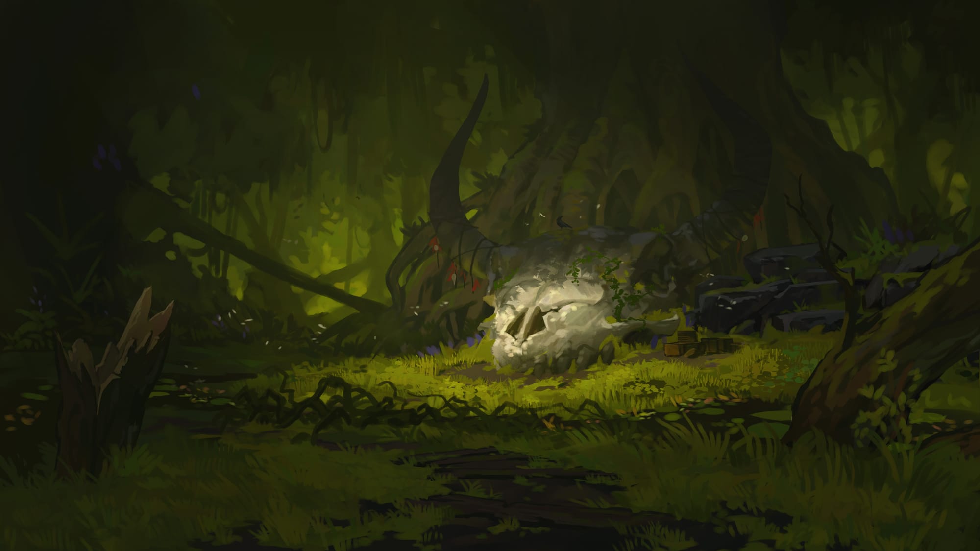 A swamp clearing where sunlight filters through the thick canopy. A massive horned bovine skull sits at the base of a huge mangrove tree.