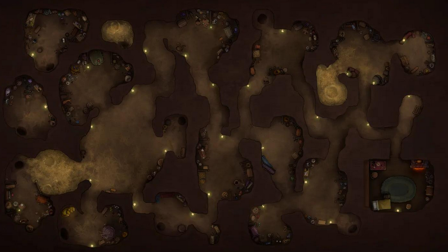 Top-down battlemap of a winding underground warren beneath a quiet hilltop. Storerooms, cellars, and a simple bedroom branch off from the central passage.
