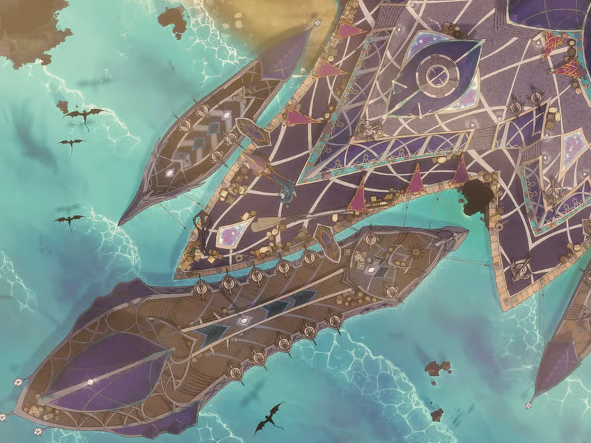Top-down battlemap of a sprawling coastal port with elven architecture and angular, purple-roofed structures. A large warship is docked at the port, along with two smaller ones. Above, small dragons fly over bright blue water.