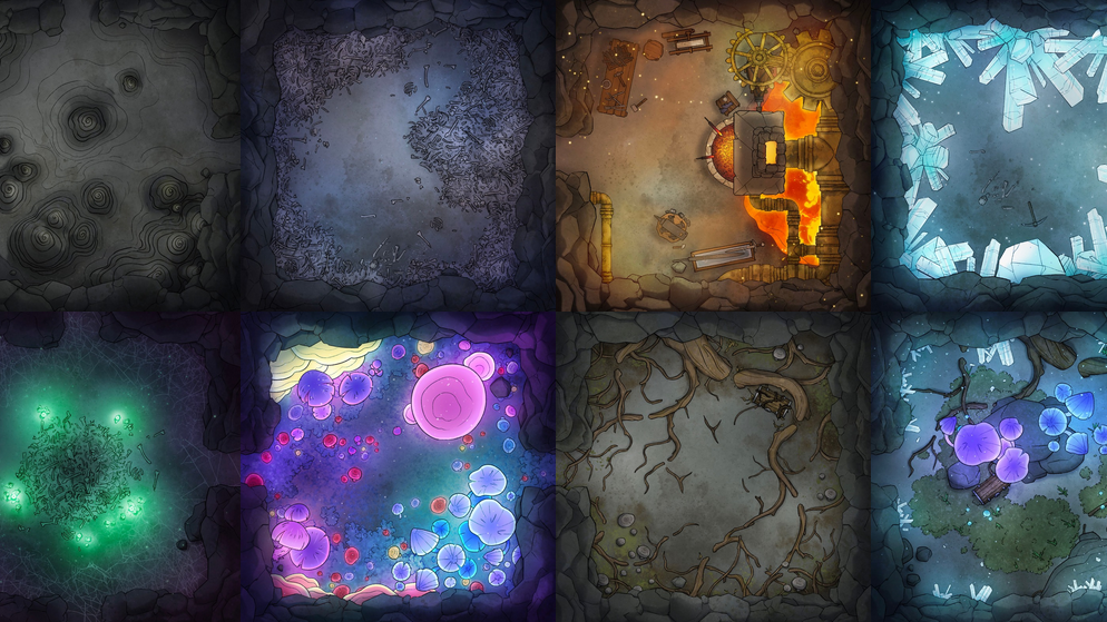 A collection of modular cave battlemaps displayed in two rows of four, including overgrown mushroom groves, glowing crystal caverns, and caverns full of bones or stalagmites.