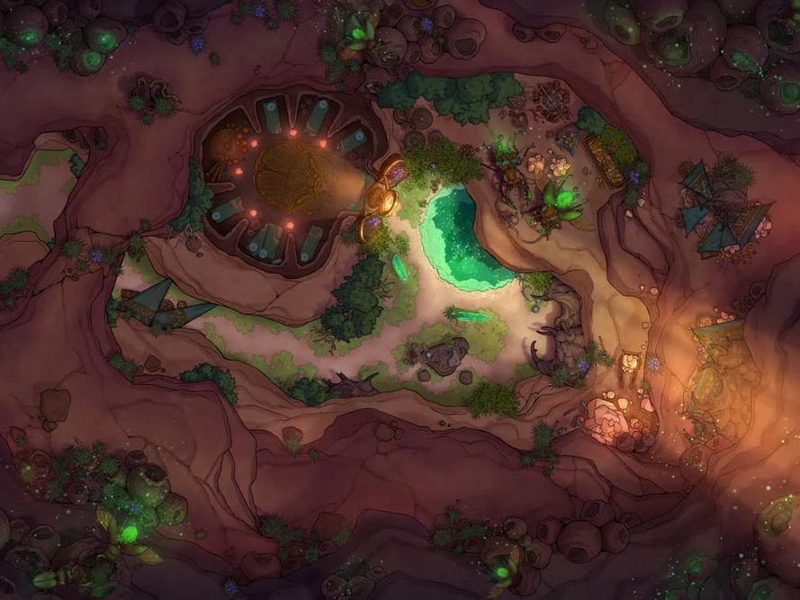 Top-down battlemap of a subterranean canyon with smooth rock walls, small sleeping quarters, communal areas, and bioluminescent insects perched on the walls.