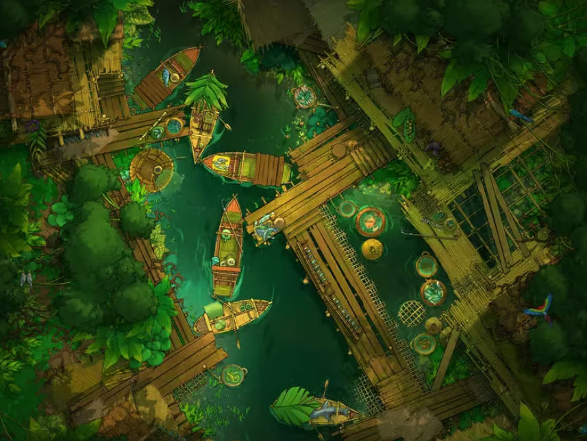 Top-down battlemap of a small jungle settlement built along a wide river. Wooden docks extend over the green water where small boats and floating fish baskets are moored amidst dense tropical vegetation.