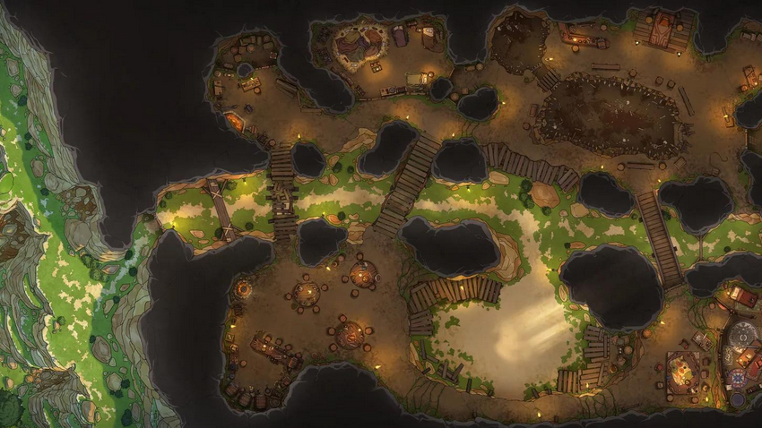 Top-down battlemap of a sprawling cave system carved into a cliffside. A full settlement fills the caverns, including a communal hall and several sleeping quarters.