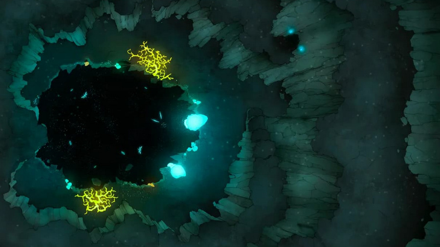 Top-down battlemap of a vast bioluminescent chasm with tiered stone ledges spiralling downward. Glowing crystals and moss cling to the cavern floors above a seemingly deep, dark, bottomless drop.
