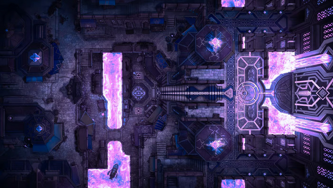 Top-down battlemap of an ornate underground city district with stone-carved, geometric buildings. The city is in complete darkness and lit only by flowing pools of purple, glowing liquid, and veins of purple energy through the ground.