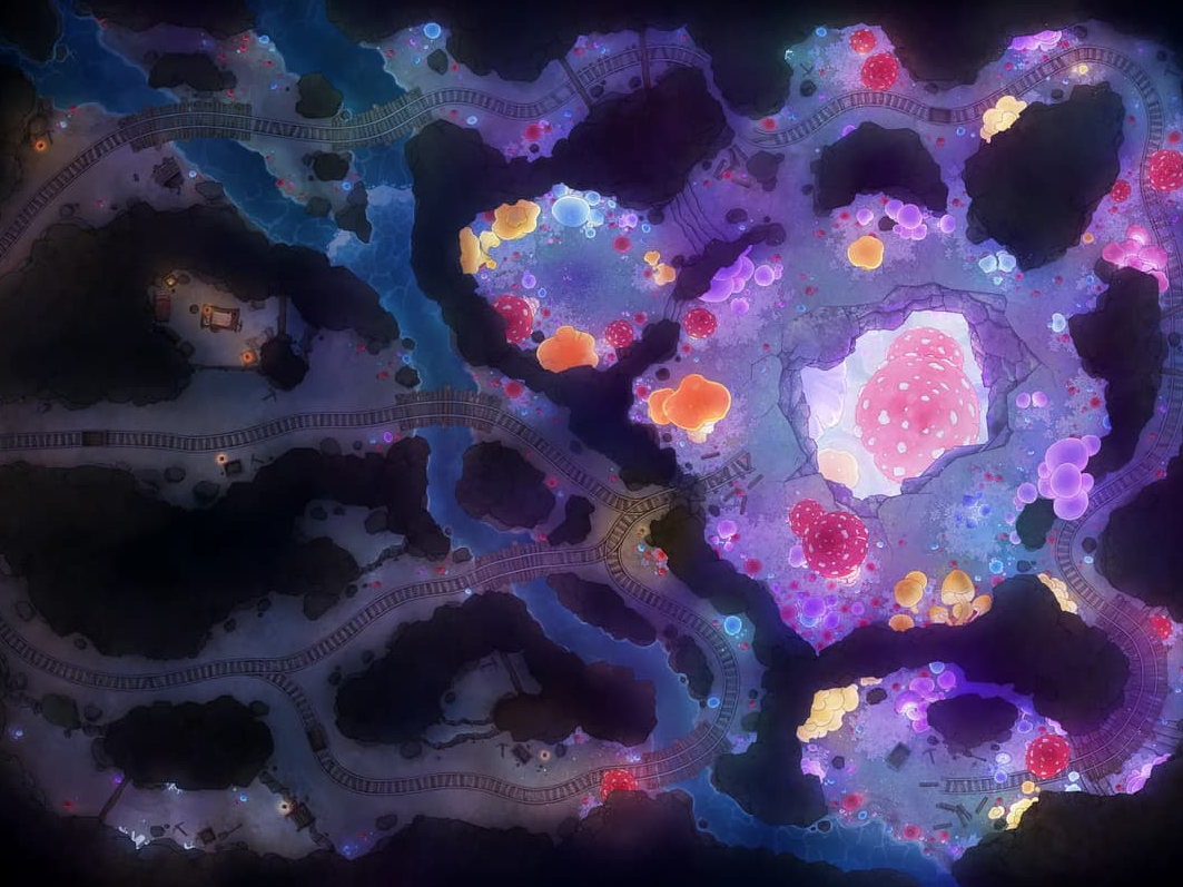 Top-down battlemap of a stone mine tunnel system overtaken by enormous glowing fungi. Minecart tracks wind through the passages into a central cavern with a giant hole dropping into a deeper fungal grove below.